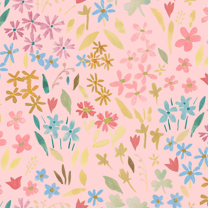 Hand-printed wild summer flowers printed on a light coral quilting fabric.