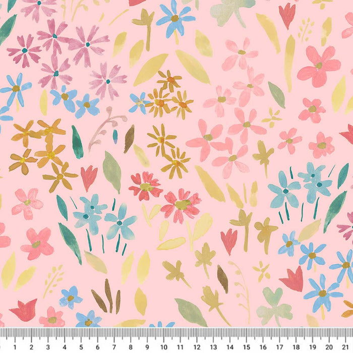 Hand-printed wild summer flowers printed on a light coral quilting fabric with a cm ruler