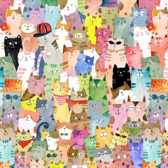 Pattern of colorful cartoon cats on a white cotton quilting fabric