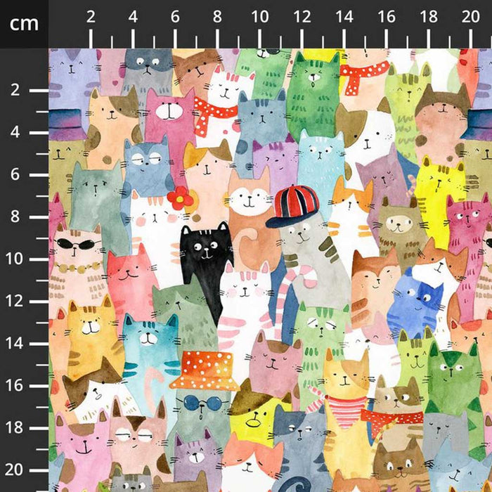 Pattern of colorful cartoon cats with a ruler on the side for scale.