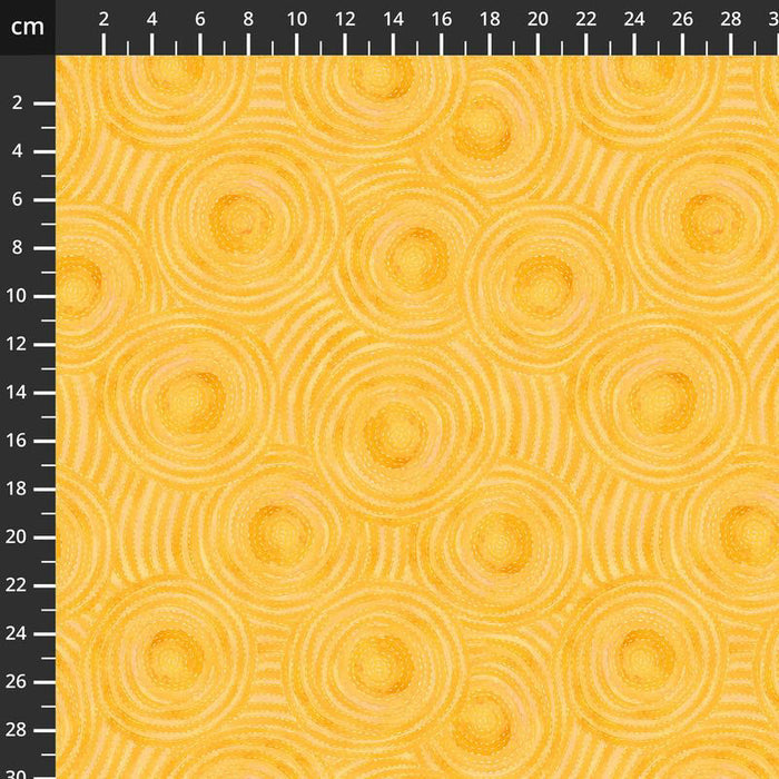 Yellow fabric with circular pattern and measurement scale on the side