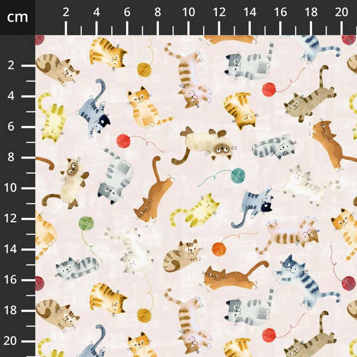 Fabric with cartoon cat pattern on a white background, measured in centimeters.