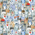 Pattern of cartoon cats with various accessories on a blue background