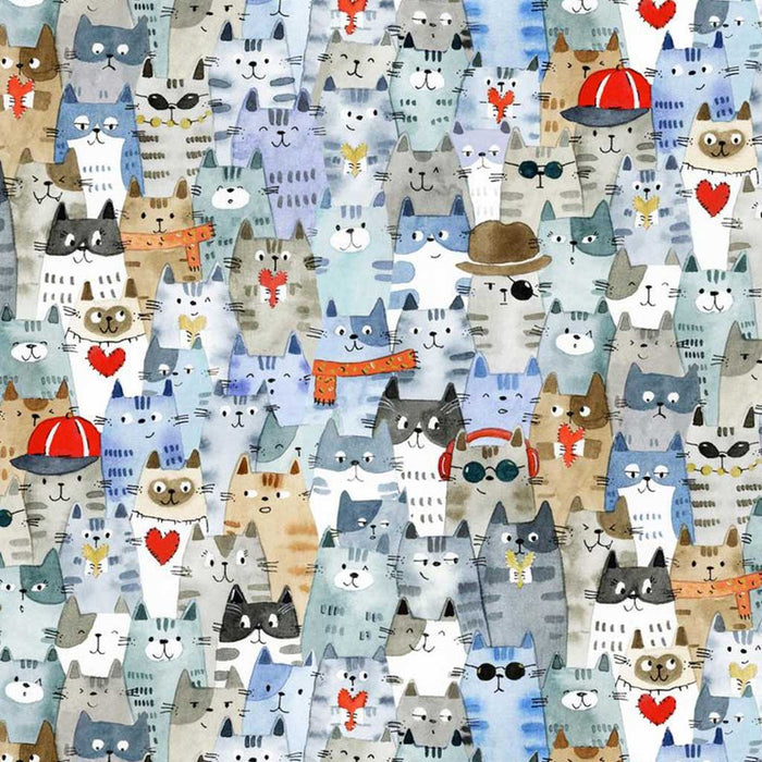 Pattern of cartoon cats with various accessories on a blue background