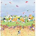 Colorful illustration of a village with animals and butterflies on a blue sky background