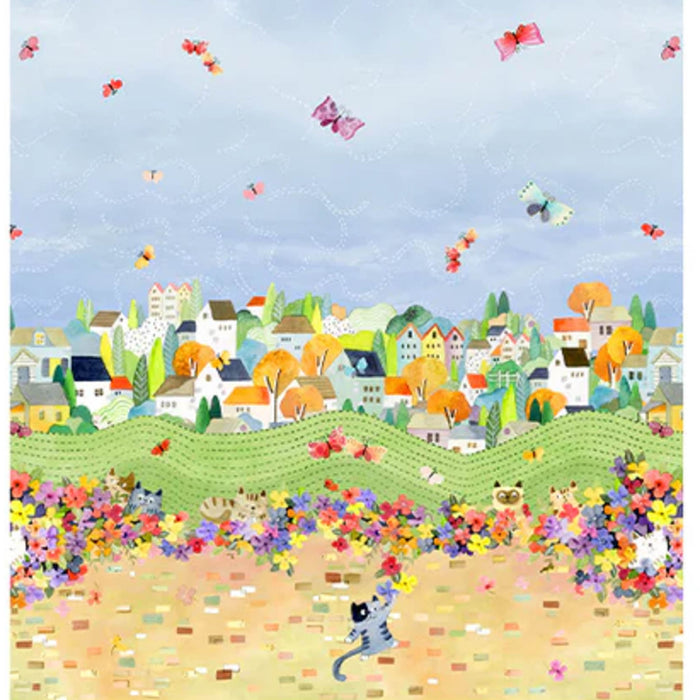 Colorful illustration of a village with animals and butterflies on a blue sky background