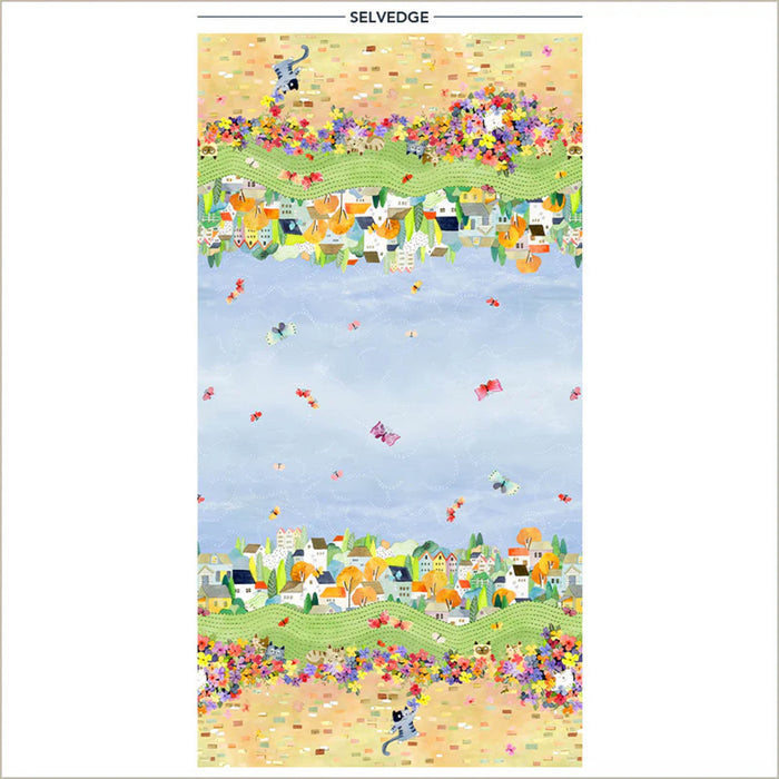 Colorful fabric pattern with cartoon animals and landscape on a white background