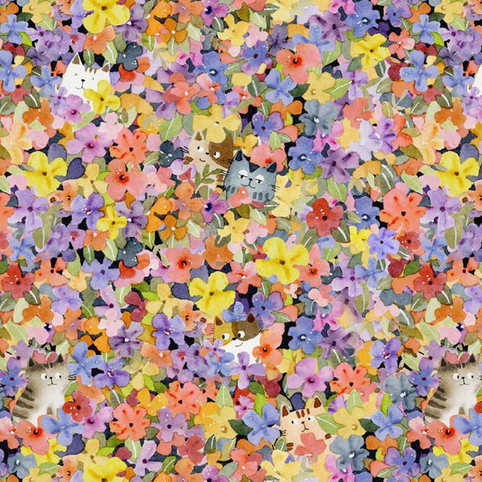 Cats printed on a cotton quilting fabric with colourful flowers
