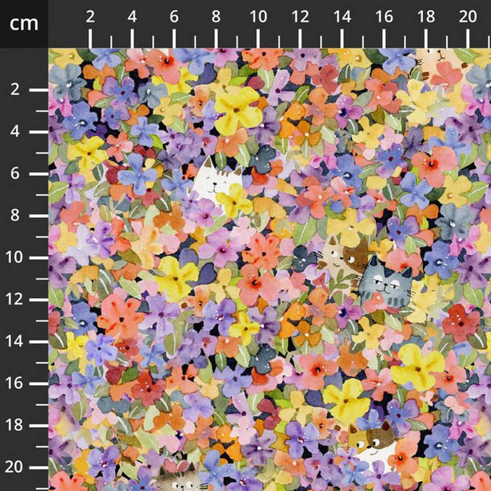Colorful floral pattern with small cats on a fabric swatch, measured in centimeters.