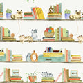 Illustration of a bookshelf with books, cats, and decorative items on wooden shelves on a cotton quilting fabric