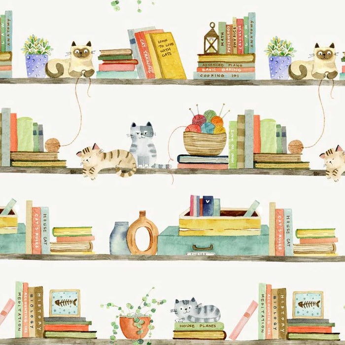 Illustration of a bookshelf with books, cats, and decorative items on wooden shelves on a cotton quilting fabric