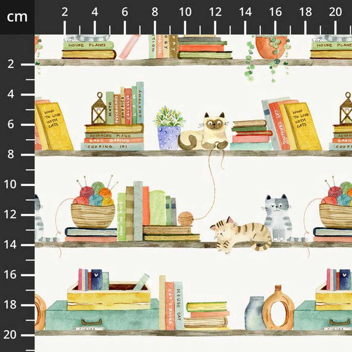 Illustration of books and cats on shelves with a ruler for scale.