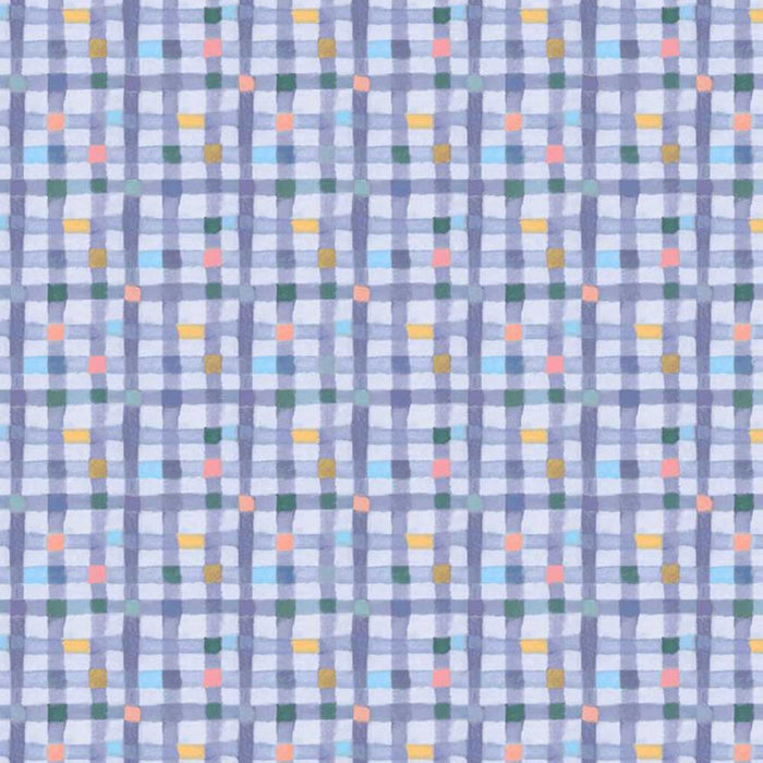 Patterned fabric with small squares in various colors on a blue background