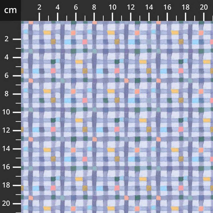 Patterned fabric with a grid of colorful squares on a blue background, measured in centimeters.
