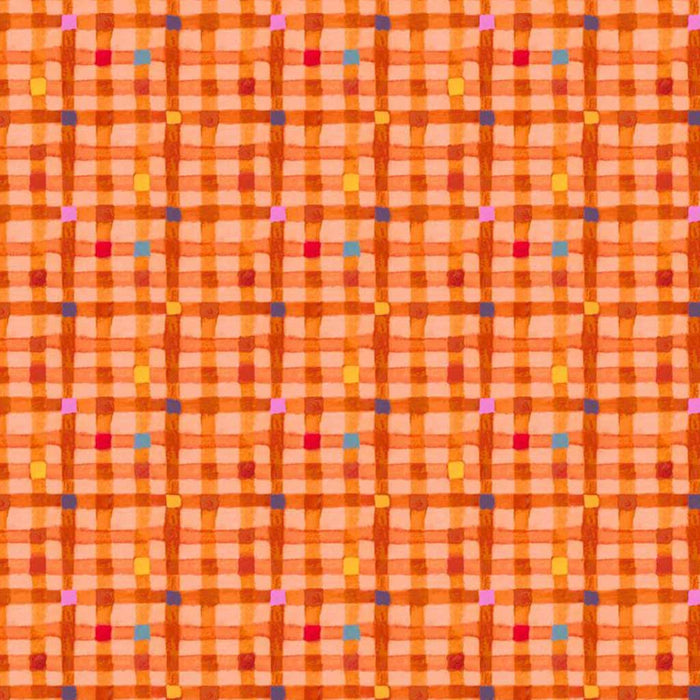 Patterned fabric with orange and multicolor grid design