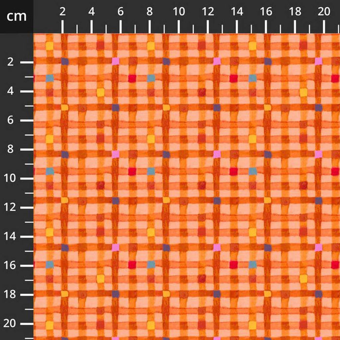 Patterned fabric with a grid design on an orange background, measured in centimeters.