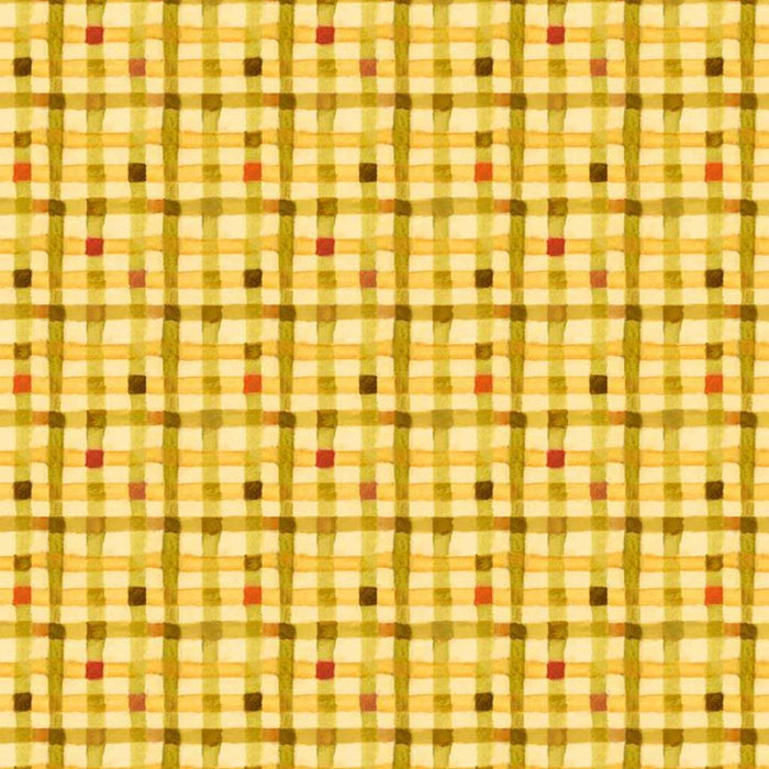 Patterned fabric with a grid of squares in various colors on a yellow background