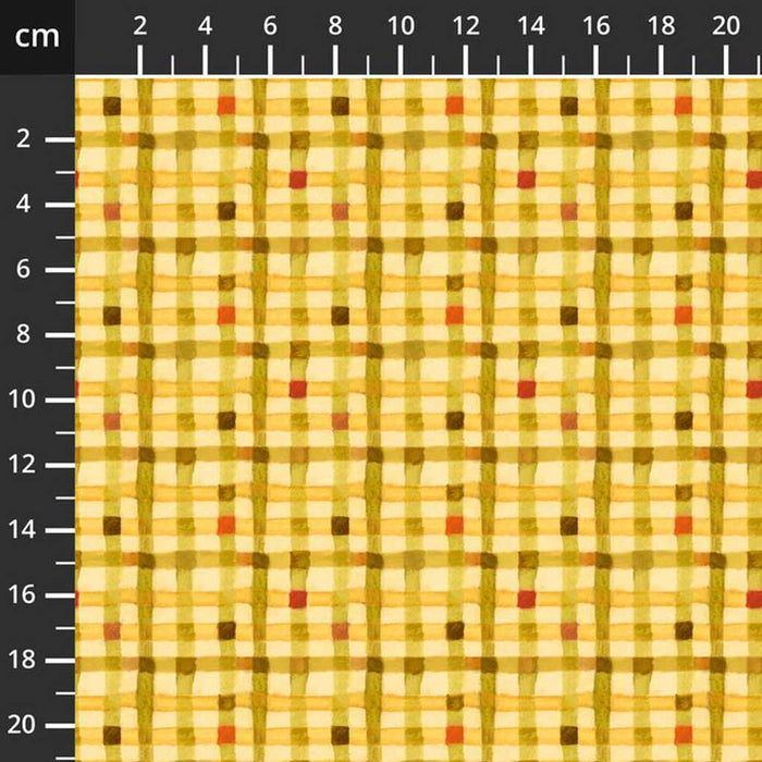Textile sample with a grid pattern on a yellow background, accompanied by a ruler for scale.