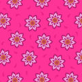 Pattern of pink flowers with purple outlines on a pink cotton quilting fabric