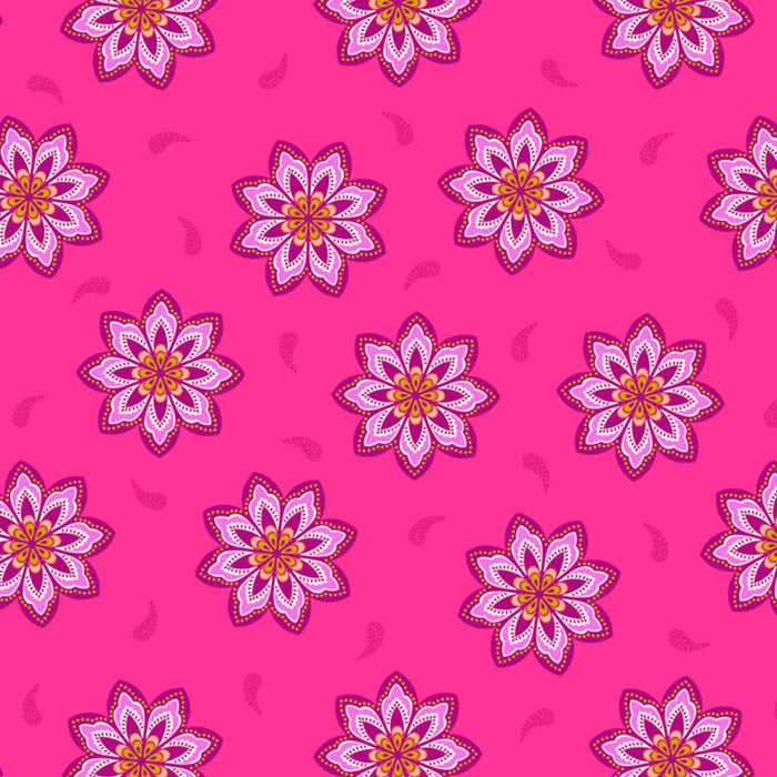 Pattern of pink flowers with purple outlines on a pink cotton quilting fabric