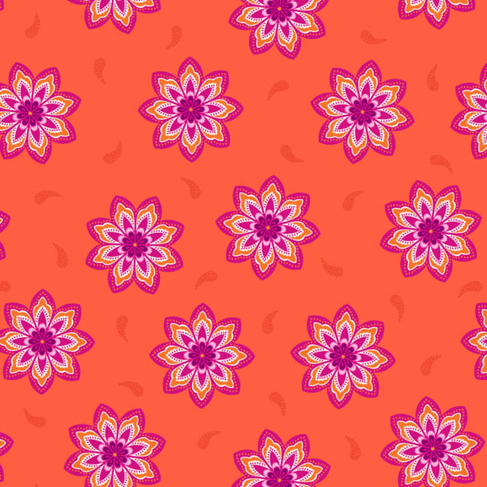Magenta flowers printed on an orange cotton quilting fabric