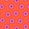 Magenta flowers printed on an orange cotton quilting fabric