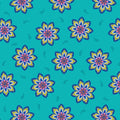 Pattern of colorful flowers on a blue cotton quilting fabric
