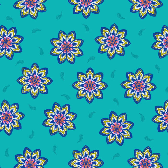 Pattern of colorful flowers on a blue cotton quilting fabric