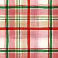 Plaid pattern with red, green, and pink colors on a white cotton quilting fabric.