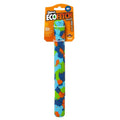 Stock image of the ECO Fetch on a white background. Cylinder-shaped toy, with brightly coloured splotches.