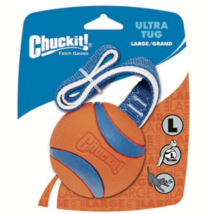 Packaging of the Chuckit! Ultra Tug - cardboard is blue and orange, with the Ultra Tug on the packaging.