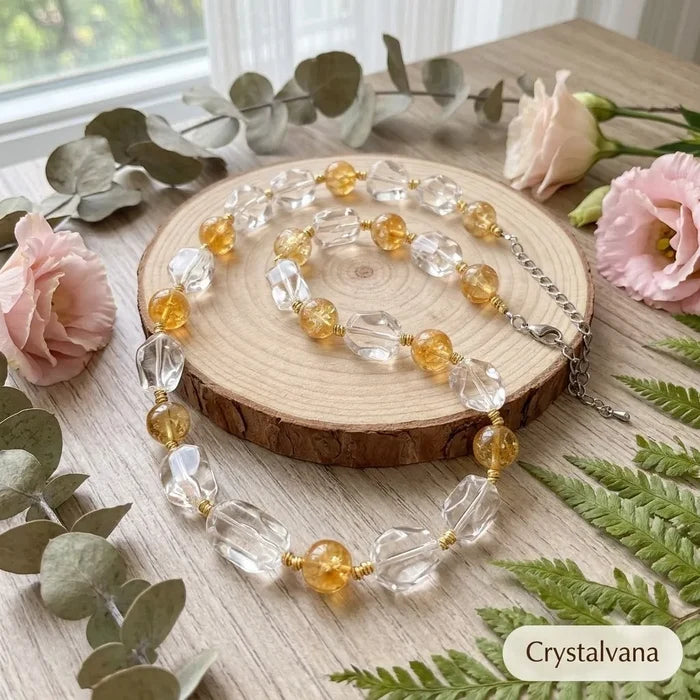 Citrine and Clear Quartz crystal choker on wood slice display, natural vintage styling, Crystalvana