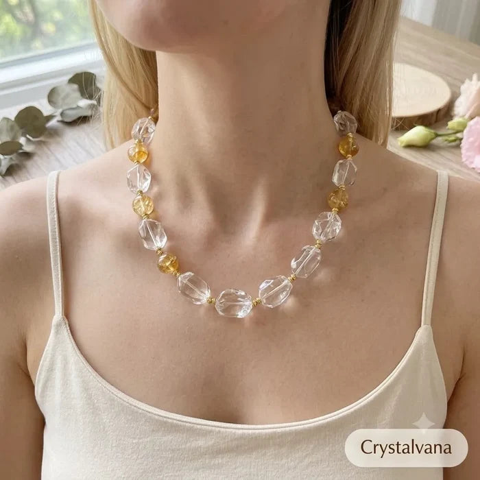Citrine Clear Quartz crystal choker worn on neck closeup, vintage Chinese style design, Crystalvana