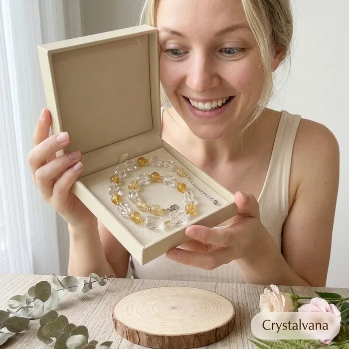 Surprise gift box with Citrine Clear Quartz crystal choker, unboxing moment, Crystalvana