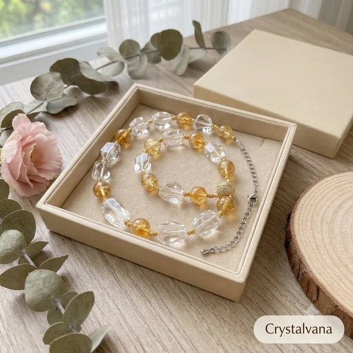 Citrine and Clear Quartz choker in gift box with red ribbon, ready for gifting, Crystalvana