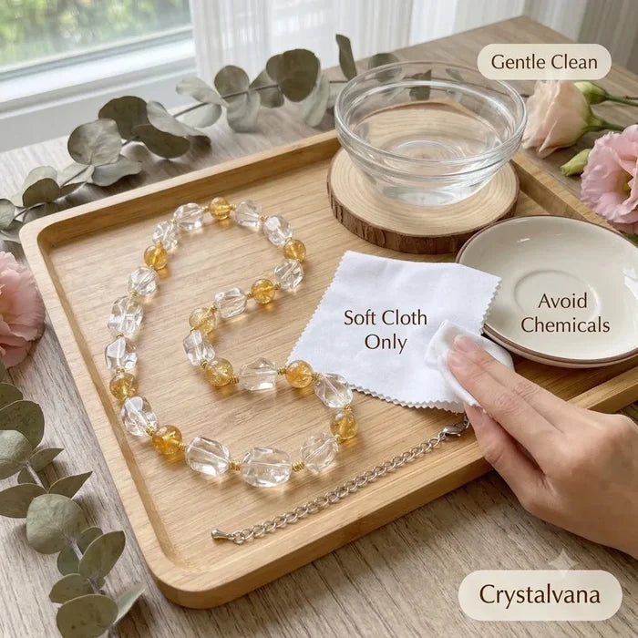 Citrine crystal choker worn by model at beach, casual and relaxed summer styling, Crystalvana