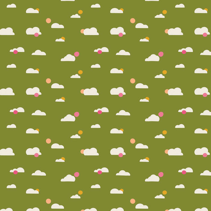 Clouds printed on a green cotton quilting fabric