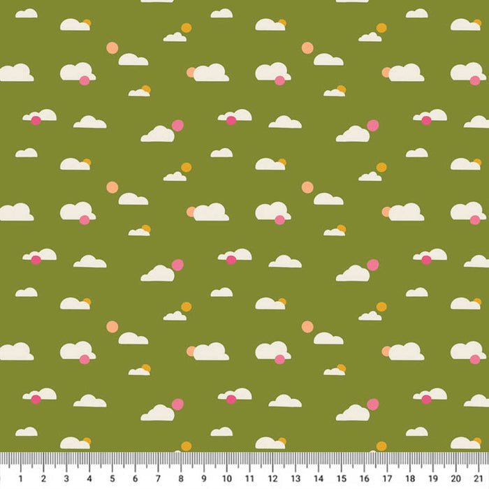 Clouds printed on a green cotton quilting fabric with a cm ruler