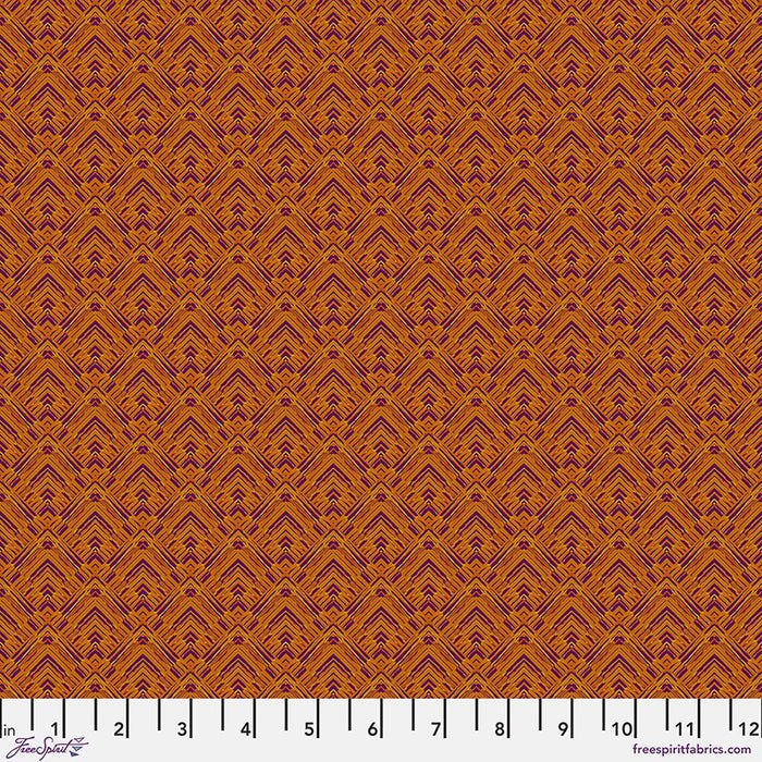 A geometric pattern of corners in a saffron yellow, printed on quilting cotton fabric with a cm ruler