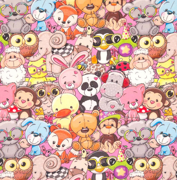 Crazy animals printed on a pink cotton french terry fabric