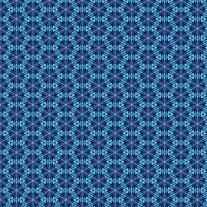A geometric pattern in bright blues printed on a cotton quilting fabric