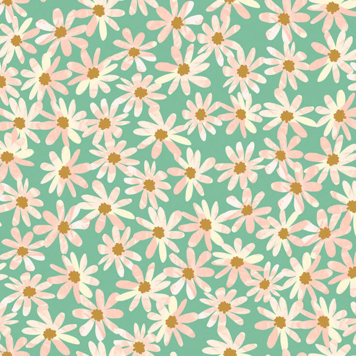 Pattern of pink and white flowers with yellow centers on a green cotton quilting fabric