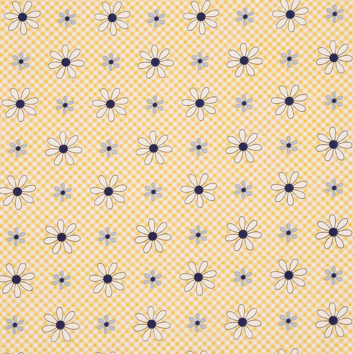 A repeating fabric pattern featuring a yellow and white gingham check background with alternating large white daisy flowers and smaller light blue floral motifs.