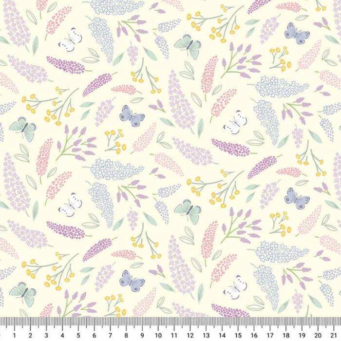 Butterflies printed on a light cotton quilting fabric with a cm ruler