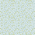 Pattern of small white flowers and yellow dots on a light blue cotton quilting fabric