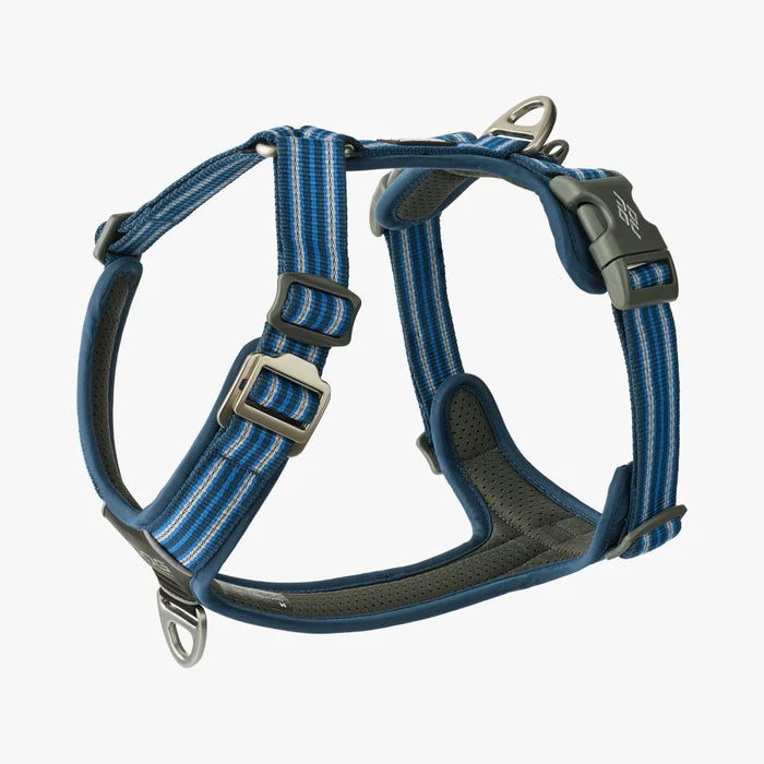 Stock image of the Comfort Walk Air in Ocean Blue, a harness with two lead attachments and a handle, and a striped pattern, on a white background.
