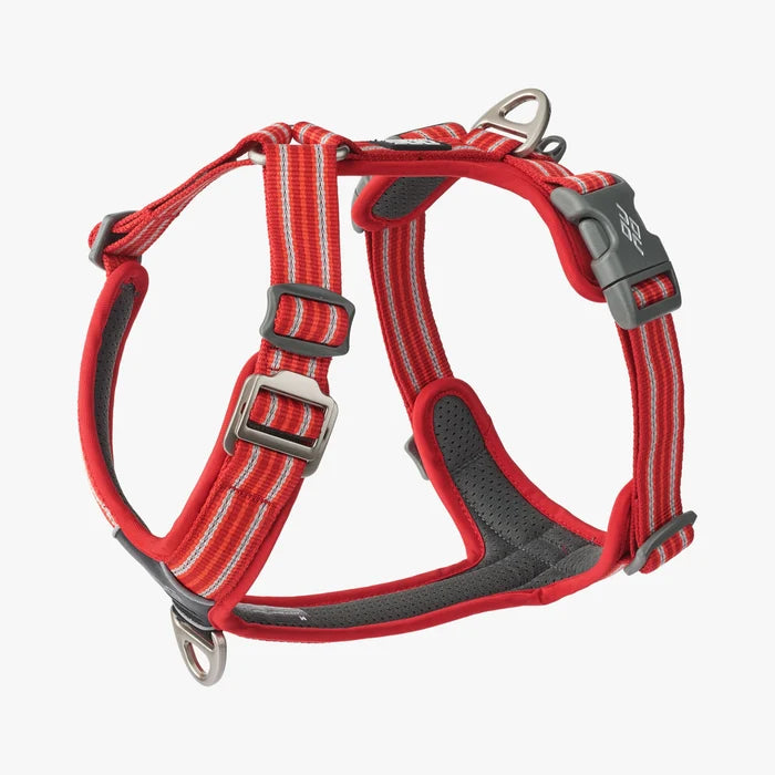 Stock image of the Comfort Walk Air in Classic Red, a harness with two lead attachments and a handle, and a striped pattern, on a white background.