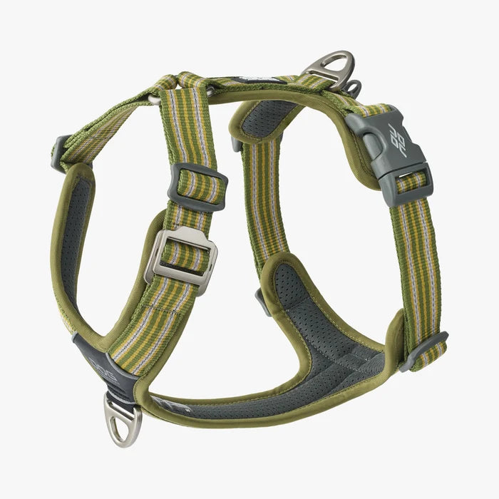 Stock image of the Comfort Walk Air in Hunting Green, a harness with two lead attachments and a handle, and a striped pattern, on a white background.