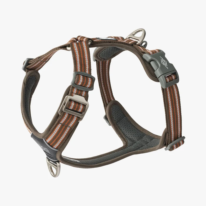 Stock image of the Comfort Walk Air in Mocha, a harness with two lead attachments and a handle, and a striped pattern, on a white background.