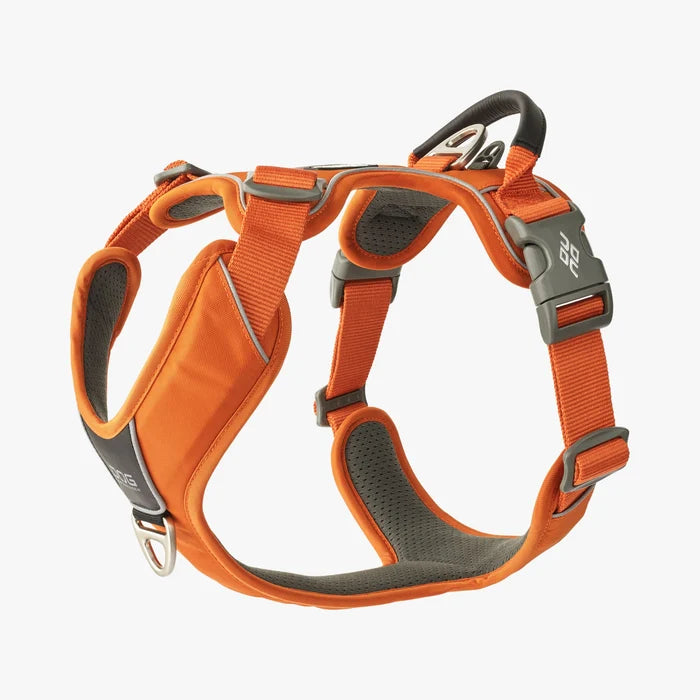 Stock image of the Comfort Walk Pro in Orange Sun, a harness with two lead attachments and a handle, on a white background.